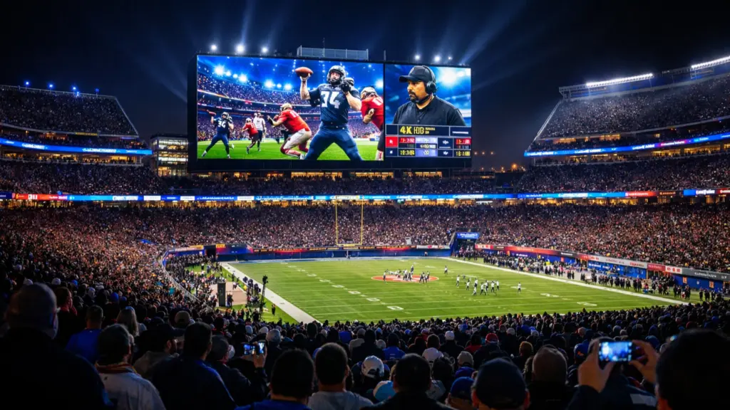 Super Bowl LX stadium interior with massive 4K videoboard, LED ribbon lighting and packed crowd during night game