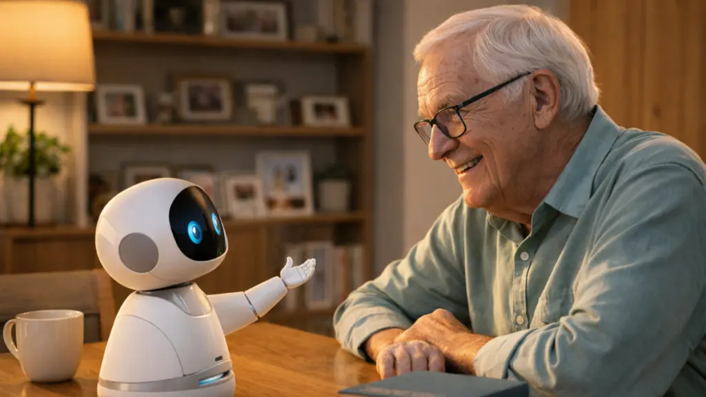 Senior person smiling while interacting with a small tabletop companion robot in a warm home setting illustrating caregiving robotics