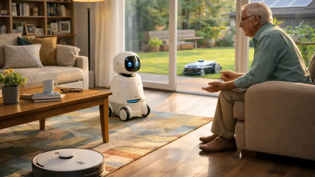 Older adult conversing with a companion robot in a living room while robotic vacuum and lawn mower operate in the background showing integrated domestic robotics