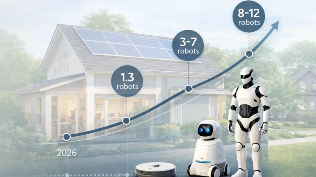 Conceptual infographic showing projected growth of household robots from 2026 to 2035 over a suburban smart home environment