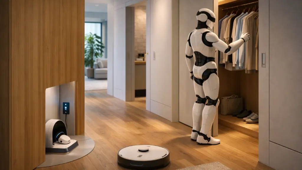 Humanoid home robot accessing a closet in a modern interior with charging dock and clear pathways showing robot-friendly architectural design