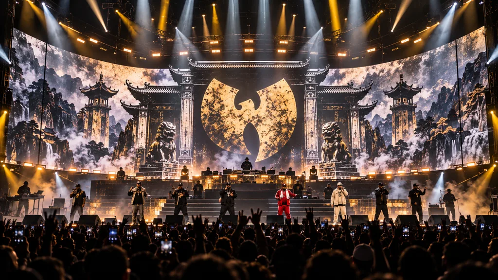 Wu-Tang Clan performing on stage with a large digital backdrop showing traditional Asian architecture and their iconic logo