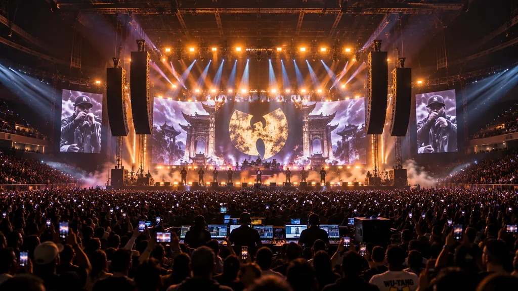 Crowded concert arena with large stage, bright lights, two giant screens displaying performer, and the Wu-Tang Clan logo on a central LED backdrop