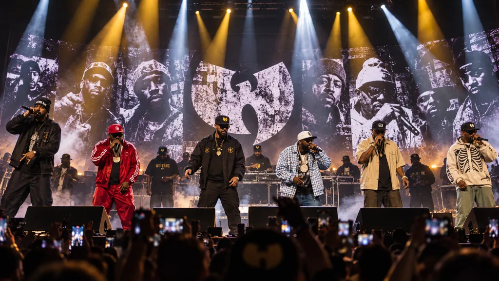 Hip-hop group performing on stage with large Wu-Tang Clan logo and black-and-white portraits in the background
