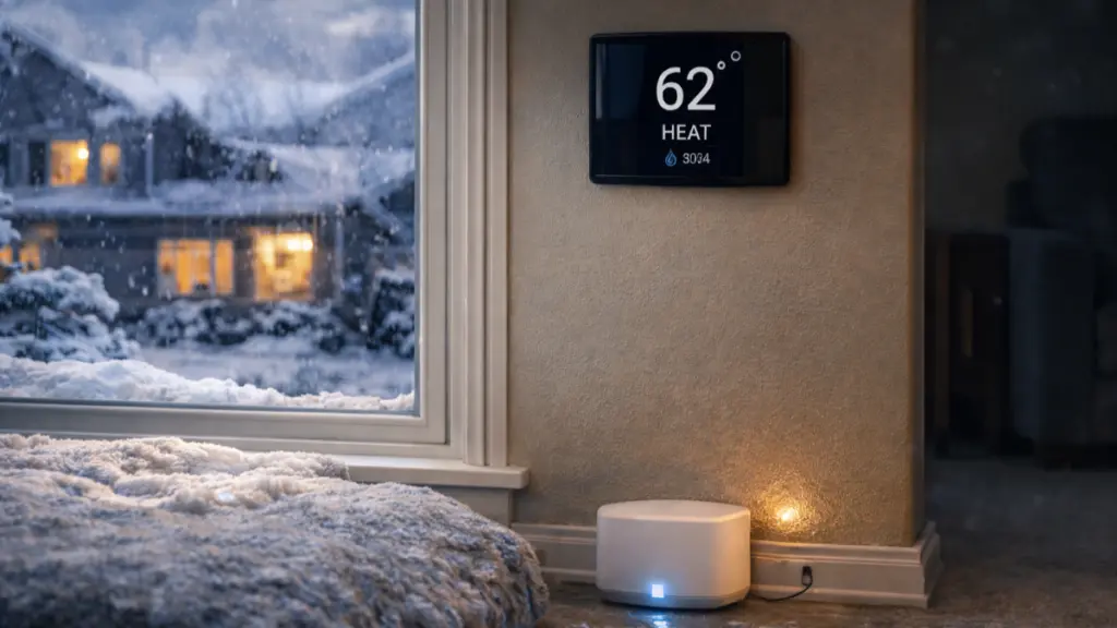 Smart thermostat showing low indoor temperature with snow visible outside a residential window during a winter storm