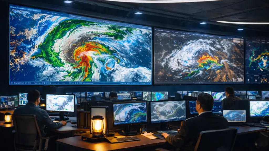 Meteorological operations room with large digital screens displaying satellite storm models and real-time weather forecasting data