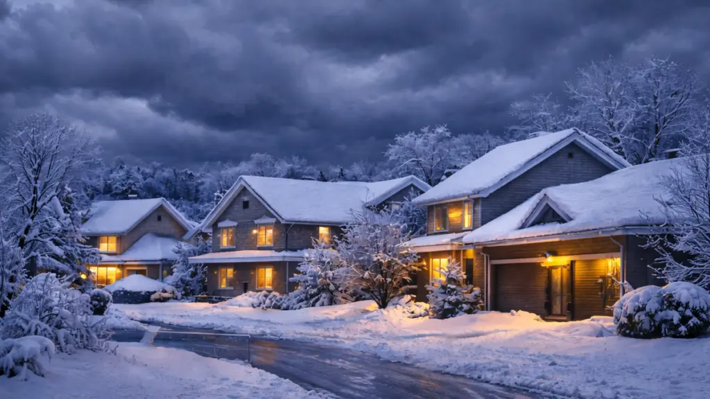 Snow-covered suburban neighborhood at dusk with storm clouds overhead and warm lights glowing from homes during an approaching winter storm