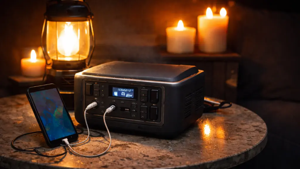 Portable battery power station charging a smartphone beside candles and a lantern during a storm-related blackout