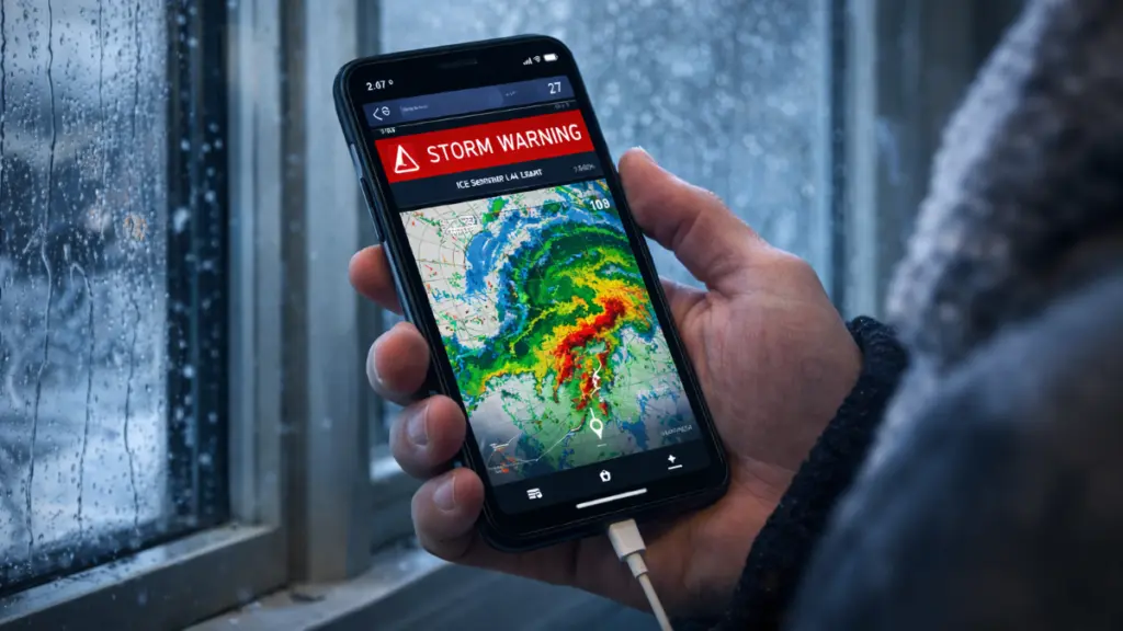 Person holding a smartphone displaying a real-time storm warning radar map beside a window streaked with rain and sleet