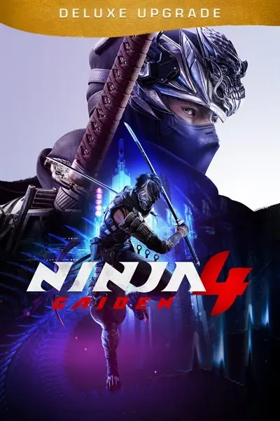 Masked ninja warrior in dynamic pose with swords, detailed armor, and glowing city backdrop, titled "Ninja Gaiden 4" deluxe upgrade