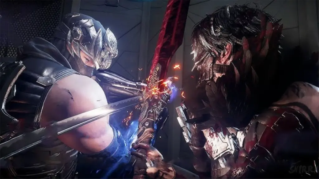 Two armored warriors locked in intense sword combat with sparks flying between their blades in a dark, enclosed space