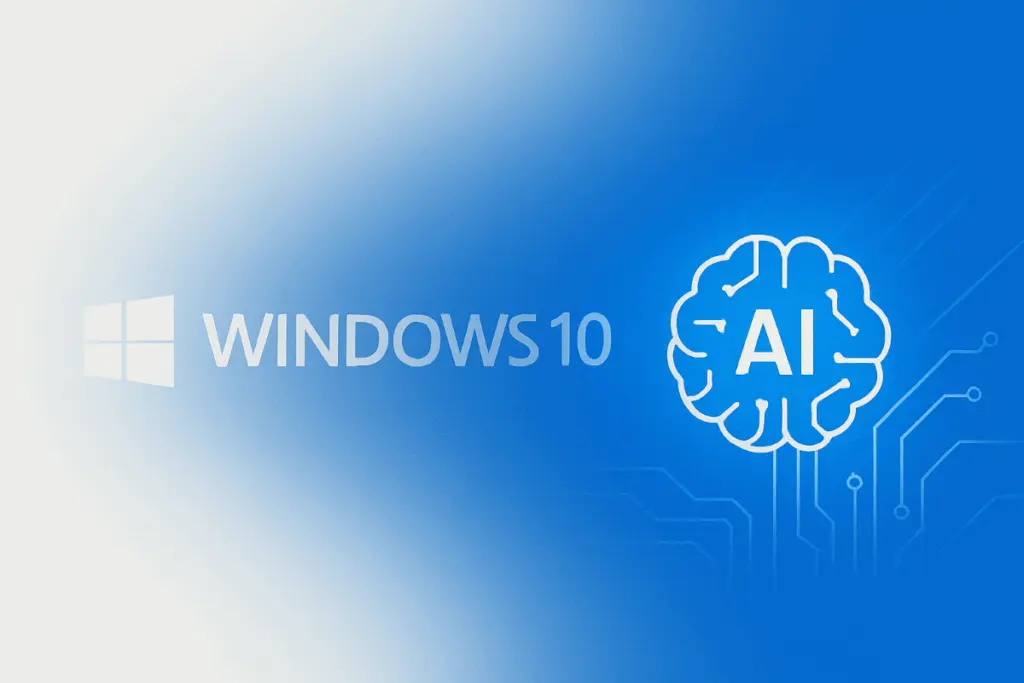 Windows 10 logo fading into artificial intelligence brain icon on blue digital background symbolizing transition from legacy operating systems to AI-driven computing era