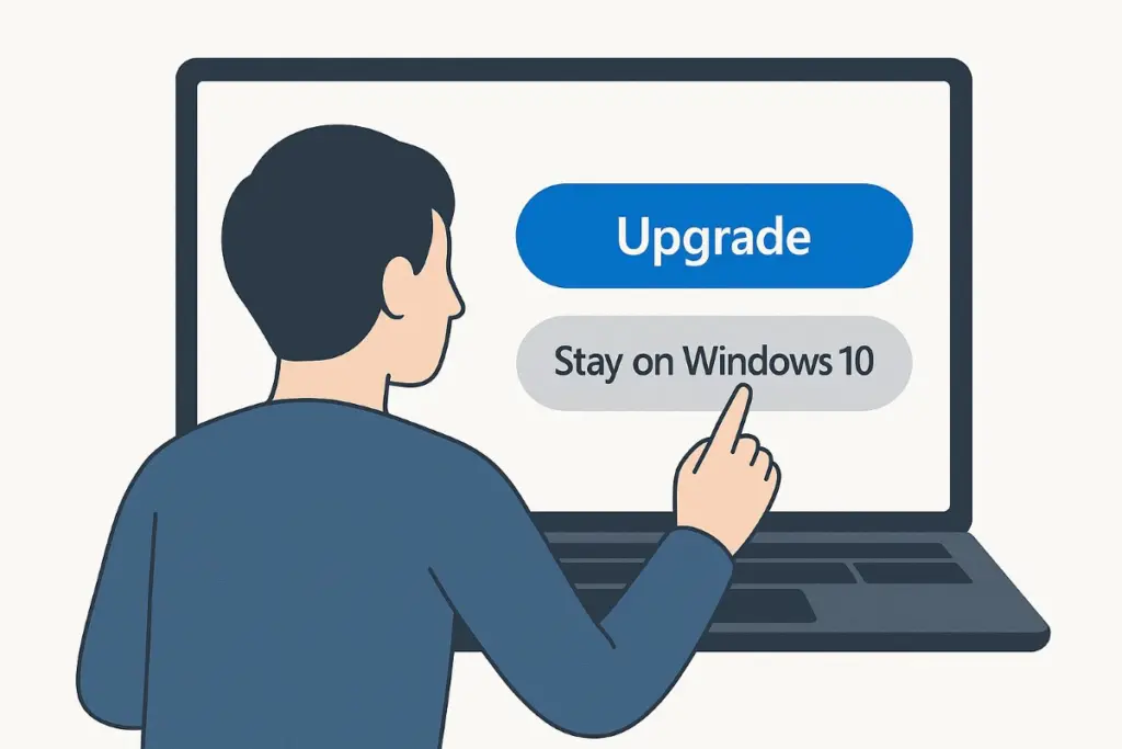 User facing laptop screen with options to upgrade or stay on Windows 10 representing decision making around upgrading before end of support